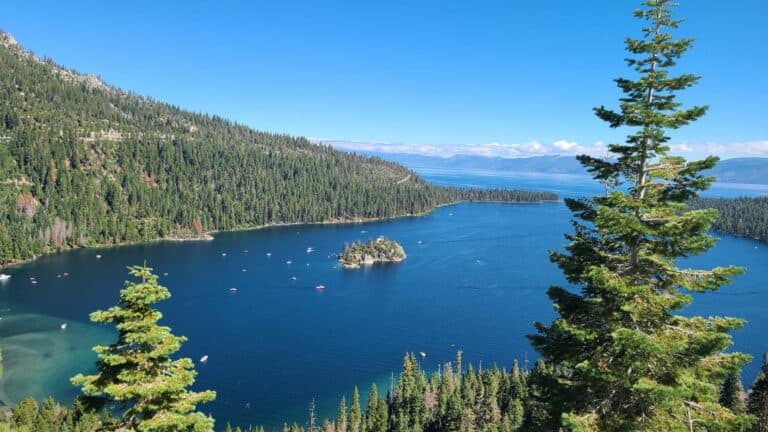 looking down at emerald bay in Tahoe California from high on the highway